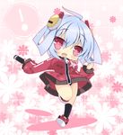  1girl :d ahoge aqua_hair blue_hair blush breasts chibi hair_ornament highres holding jacket large_breasts looking_at_viewer matoi_(pso2) milkpanda open_mouth phantasy_star phantasy_star_online_2 pink_background red_eyes running shoes smile solo spoken_exclamation_mark track_jacket zipper 