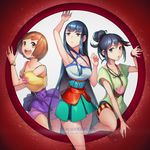  :o alternate_hairstyle arm_up armpits bare_shoulders black_hair blue_eyes blue_hair brown_eyes brown_hair highres kill_la_kill kiryuuin_satsuki long_hair mankanshoku_mako matoi_ryuuko mt_(ringofive) multicolored_hair multiple_girls open_mouth perfume red_hair short_hair skirt two-tone_hair 