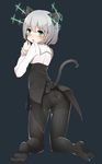  animal_ears ass bad_id bad_pixiv_id black_legwear blush cat_ears cat_tail crotch_seam green_eyes highres hirschgeweih_antennas kinakomoti looking_at_viewer military military_uniform panties panties_under_pantyhose pantyhose sanya_v_litvyak shiny shiny_clothes short_hair silver_hair simple_background solo strike_witches tail underwear uniform world_witches_series 