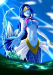  bad_id bad_pixiv_id blue_hair blue_skin bobu_(masdoudanuki) breasts forehead_jewel halterneck highres long_hair mermaid monster_girl polearm red_eyes scales seiken_densetsu showgirl_skirt smile solo splashing tiara underboob undine_(seiken_densetsu) water weapon wet 