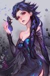  2014 braid dark_persona dated dress elsa_(frozen) eyeshadow frozen_(disney) hair_ornament hair_over_shoulder highres lips long_hair makeup olaf_(frozen) purple_dress purple_hair queen red_eyes side_slit signature single_braid snowflake_hair_ornament snowflakes snowman solo yi_lee 