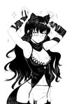  :&lt; animal_ears armpits arms_up bandages bare_shoulders blake_belladonna blush cat_ears garter_straps greyscale highres lineart long_hair looking_up monochrome rwby simple_background sleeveless solo sparkle stormcow thighhighs white_background 