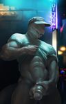  2014 abs alley anthro balls bottomless clothing darkgem hat lizard male muscles night penis public red_eyes reptile scalie shirt shirt_lift solo undressing 