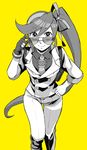  aruma_(xecstria) boots cosplay formal gloves gouzou_ban gouzou_ban_(cosplay) gyakuten_saiban gyakuten_saiban_5 hair_ribbon hand_on_hip jewelry kizuki_kokone long_hair monochrome necktie partly_fingerless_gloves ribbon side_ponytail simple_background smile solo spot_color suit sunglasses very_long_hair yellow_background 