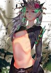  commentary_request earrings flower hair_flower hair_ornament jewelry karasu-san_(syh3iua83) long_hair looking_at_viewer navel original partial_commentary pink_eyes silver_hair solo 