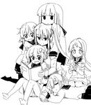  bangs bare_shoulders blunt_bangs chin_on_head chin_rest folded_ponytail greyscale hair_ornament hairclip hatsuyuki_(kantai_collection) highres horns hug ikazuchi_(kantai_collection) inazuma_(kantai_collection) kantai_collection lap_pillow long_hair lysander_z monochrome multiple_girls nachi_(kantai_collection) neckerchief open_mouth reading samidare_(kantai_collection) school_uniform serafuku shirt short_hair side_ponytail sitting sleeping sleeveless sleeveless_shirt smile yukikaze_(kantai_collection) 