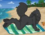  all_fours anthro beach black_fur breasts butt canine female fur hindpaw hush-a-bye looking_at_viewer mammal neck_ruff nude outside paws raised_tail seaside smile solo wolf yellow_eyes 