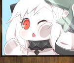  against_glass aircraft airplane evandragon holding horns kantai_collection long_hair looking_at_viewer mittens northern_ocean_hime one_eye_closed open_mouth red_eyes shinkaisei-kan solo white_hair white_skin 