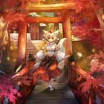  animal_ears breasts detached_sleeves hat inubashiri_momiji large_breasts md5_mismatch midriff navel pom_pom_(clothes) red_eyes sandals settyaro short_hair shrine side_slit skirt smile solo tail tokin_hat torii touhou white_hair white_legwear wolf_ears wolf_tail 