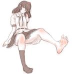  barefoot blush feet hat head_tilt highres kuro_suto_sukii looking_away one_eye_closed pointy_ears puffy_short_sleeves puffy_sleeves shameimaru_aya shirt short_sleeves single_sock sketch skirt socks solo tokin_hat touhou 