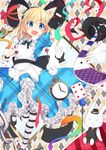  :d alice_(wonderland) bad_id bad_pixiv_id blonde_hair blue_eyes bunny card dice hairband hat holding lolita_hairband long_hair open_mouth original outstretched_arms pantyhose playing_card pocket_watch sasahara_wakaba smile solo_focus spread_arms standing standing_on_one_leg striped striped_legwear watch 