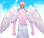  angel_wings blonde_hair caesar_anthonio_zeppeli feathers from_behind gunbam hair_feathers headband jojo_no_kimyou_na_bouken male_focus shirtless solo wings 