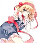  alice_margatroid bad_id bad_twitter_id blonde_hair blue_dress blue_eyes bow capelet cierra_(ra-bit) dress frills hairband heart lolita_hairband long_sleeves looking_at_viewer lying on_side one_eye_closed outstretched_arm ribbon sash short_hair simple_background solo touhou white_background 