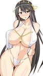  1girl areola_slip areolae bare_shoulders black_hair blush breasts brown_eyes collarbone curvy female hair_ornament haruna_(kantai_collection) huge_breasts kantai_collection long_hair musuka_(muska) navel no_bra open_clothes panties shiny shiny_skin simple_background solo standing sweatdrop thigh_gap torn_clothes underwear very_long_hair white_background white_panties wide_hips 