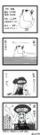  1girl 4koma admiral_(kantai_collection) bird blue_eyes bodysuit cape cat comic duck gloves glowing glowing_eyes greyscale hat highres hyuga_zen kantai_collection long_hair monochrome peaked_cap ricocheting shinkaisei-kan spot_color translated twitter_username wo-class_aircraft_carrier 