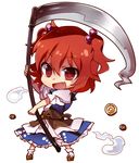  chibi coin fang hair_bobbles hair_ornament onozuka_komachi open_mouth red_eyes red_hair sandals scythe six_(fnrptal1010) smile tabi touhou two_side_up 