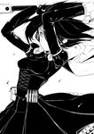 ammunition arms_up belt cape corset dress greyscale holding holding_weapon lineart long_sleeves monochrome petticoat puffy_long_sleeves puffy_sleeves ruby_rose rwby scythe short_hair simple_background solo stormcow weapon white_background 