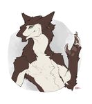  2014 abstract_background ambiguous_gender brown_fur bust chest_tuft claws fluffy fur iridescent_eyes jewelry male mane pawpads paws sergal smile snowskau teal_eyes tuft two_toned_fur waving white_fur yellow_eyes 