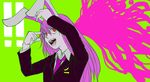  1girl animal_ears arms_up black_legwear blazer bunny_ears crescent crescent_moon dress_shirt finger_gun finger_gun_to_head green_background hands_up jacket kangae-chuu long_hair long_sleeves moon necktie open_mouth pointing pointing_at_self purple_hair red_eyes red_neckwear reisen_udongein_inaba shirt simple_background skirt smile solo teeth touhou upper_body very_long_hair white_shirt 