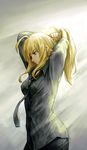  ahoge arms_up artoria_pendragon_(all) bad_id bad_pixiv_id blonde_hair bunching_hair dress_shirt fate/stay_night fate/zero fate_(series) green_eyes long_hair loose_necktie necktie profile saber shirt solo yinanhuanle 