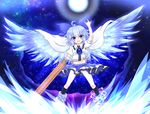  :d \m/ adapted_costume arm_cannon blue_eyes blue_hair bow cape cirno cosplay fang hair_bow highres ice ice_wings mismatched_footwear mofu_mofu open_mouth parody pose reiuji_utsuho reiuji_utsuho_(cosplay) short_hair skirt smile third_eye touhou weapon wings 