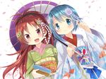  :d blue_eyes blue_hair blush dutch_angle fang gleision_adain hair_ornament japanese_clothes kanzashi kimono long_hair mahou_shoujo_madoka_magica miki_sayaka multiple_girls obi open_mouth oriental_umbrella petals red_eyes red_hair sakura_kyouko sash short_hair signature smile tsumami_kanzashi umbrella upper_body 