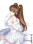  463_jun breasts brown_eyes brown_hair dress elbow_gloves gloves large_breasts licking long_hair off_shoulder ogiso_setsuna open_clothes open_vest solo tongue tongue_out twintails vest white_album_2 white_dress 