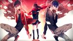  2boys black_hair dual_persona highres kagerou_project kisaragi_shintarou long_hair loss_time_memory_(vocaloid) mana_(supaner) multiple_boys red_eyes red_scarf scarf school_uniform scissors serafuku short_hair tateyama_ayano 