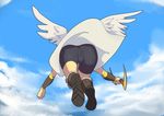  1boy angel ass bike_shorts boots bow_(weapon) bulge flying from_behind from_below kid_icarus lvlv nintendo pit_(kid_icarus) sky weapon wings 