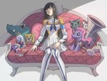  black_hair boots closed_eyes cosom couch dress epaulettes instrument jar junketsu kill_la_kill kiryuuin_satsuki long_hair maracas pillow rubik's_cube sitting sleeping sleeping_upright solo stuffed_animal stuffed_toy thigh_boots thighhighs tuba 