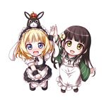  :d ama_usa_an_uniform anko_(gochiusa) apron blonde_hair blue_eyes brown_hair chibi fleur_de_lapin_uniform gochuumon_wa_usagi_desu_ka? green_eyes highres japanese_clothes kirima_sharo kuena long_hair maid_apron maid_headdress multiple_girls open_mouth pantyhose short_hair smile ujimatsu_chiya wa_maid waitress wavy_mouth wrist_cuffs 