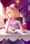  blonde_hair blue_eyes bow bracelet chair cup drink hair_bow hairband highres jewelry kagamine_rin looking_away short_hair sitting solo spoon table vocaloid wei_ji window 