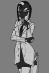  2014 black_body black_hair breasts clothing eyewear female glasses green_eyes grey_background greyscale hair labcoat ldr monochrome plain_background sketch small_breasts solo unknown_species white_hair zanabazar 