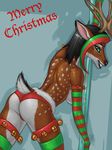  2012 anthro antlers arm_warmers bell breasts butt cervine clothing female green_eyes horn ldr leg_warmer legwear looking_at_viewer mammal merry_christmas panties pinup plain_background pole pose reindeer short_tail side_boob smile solo spots spread_legs spreading topless underwear 