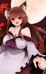  animal_ears arano_oki bare_shoulders breasts brooch brown_eyes brown_hair cleavage collarbone fang full_moon holding_hands imaizumi_kagerou jewelry large_breasts leaf long_hair long_sleeves maple_leaf moon multiple_girls night open_mouth red_moon shirt skirt sky solo_focus tail touhou very_long_hair wakasagihime wide_sleeves wolf_ears wolf_tail 