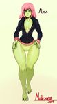  2014 bottomless breasts cleavage clothed clothing female green_skin hair looking_at_viewer modeseven pink_hair plain_background pussy solo unknown_species wide_hips 