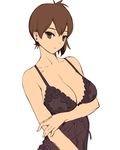  bare_shoulders breast_hold breasts brown_eyes brown_hair cleavage cozy kaga_(kantai_collection) kantai_collection large_breasts lingerie negligee side_ponytail simple_background solo underwear upper_body white_background 