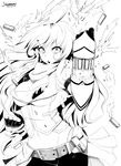  2014 ahoge artist_name belt bike_shorts breasts cleavage clenched_hand dated fingerless_gloves gloves greyscale groin highres huge_ahoge large_breasts lineart long_hair monochrome navel open_mouth rwby shell_casing short_sleeves shorts simple_background smoke solo stormcow vest white_background yang_xiao_long 