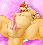  2014 abstract_background anthro blush bowser braceleet chubby cloaca collar erection front_view hair horn koopa low-angle_shot lying male maphika mario_bros musclegut muscles nintendo on_back open_mouth pecs penis red_eyes red_hair reptile scalie sharp_teeth solo spiked_bracelet spiked_collar spikes spread_legs spreading teeth tongue turtle turtlecock vein veiny_penis video_games 