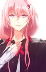  cape copyright_name crying crying_with_eyes_open detached_sleeves elbow_gloves gloves guilty_crown hair_ornament hand_on_own_chest long_hair looking_at_viewer pink_hair red_eyes solo suketyo tears twintails yuzuriha_inori 