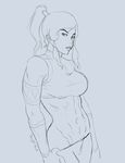  abs avatar_(series) blue_background bracer breasts hair_tubes korra large_breasts monochrome muscle muscular_female naughty_face pants_pull ponytail pulled_by_self shugarskull sketch the_legend_of_korra 