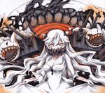  covered_mouth horns iroha_(nullpo) kantai_collection long_hair looking_at_viewer machinery midway_hime monster open_mouth pale_skin red_eyes sharp_teeth shikishi shinkaisei-kan solo teeth turret veins white_hair 