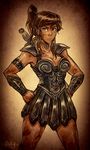  armlet armor armored_dress avatar_(series) blue_eyes breasts brown_hair bruise choker cleavage cosplay dark_skin faulds hair_tubes hands_on_hips high_ponytail iahfy injury korra medium_breasts sheath sheathed shoulder_armor sidelocks solo spaulders sword the_legend_of_korra vambraces weapon xena xena:_warrior_princess xena_(cosplay) 