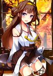  ahoge bare_shoulders brown_hair detached_sleeves frilled_skirt frills hairband headgear henet_hene kantai_collection kongou_(kantai_collection) long_hair looking_at_viewer nontraditional_miko purple_eyes ribbon-trimmed_sleeves ribbon_trim skirt solo 