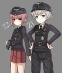  alternate_costume bangs belt binoculars black_pants blue_eyes blunt_bangs brown_eyes brown_hair character_name clothes_writing garrison_cap germany grey_background hands_on_hips hat iron_cross kantai_collection long_sleeves military military_hat military_uniform multiple_girls necktie pants pleated_skirt rabochicken red_skirt silver_hair simple_background skirt uniform world_war_ii z1_leberecht_maass_(kantai_collection) z3_max_schultz_(kantai_collection) 