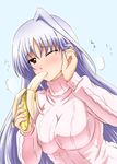  banana blush breasts diesel-turbo eating food fruit impossible_clothes impossible_sweater large_breasts long_hair long_sleeves lyrical_nanoha mahou_shoujo_lyrical_nanoha mahou_shoujo_lyrical_nanoha_a's one_eye_closed reinforce sexually_suggestive silver_hair single_hair_intake solo sweater turtleneck 