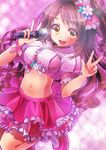  81_(mellowry) blush bow breasts brown_eyes brown_hair double_v idolmaster idolmaster_cinderella_girls large_breasts long_hair microphone midriff navel one_side_up open_mouth pink_check_school shimamura_uzuki skirt smile solo v 