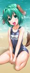  absurdres animal_ears beach blush byeontae_jagga collarbone fang green_eyes green_hair highres kasodani_kyouko name_tag one-piece_swimsuit open_mouth outdoors school_swimsuit shiny shiny_clothes sitting skindentation smile solo swimsuit tail touhou v_arms wariza water 