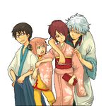  2girls bad_id bad_pixiv_id blue_eyes brown_eyes brown_hair gintama hadanugi_dousa japanese_clothes kagura_(gintama) kimono long_sleeves lowres multiple_boys multiple_girls pink_hair sakata_gintoki shimura_shinpachi shimura_tae shirou_(vista) short_hair short_sleeves 