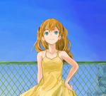  bare_shoulders blue_eyes chain-link_fence conjaku dress fence hand_on_hip long_hair neon_genesis_evangelion red_hair smile solo souryuu_asuka_langley yellow_dress 